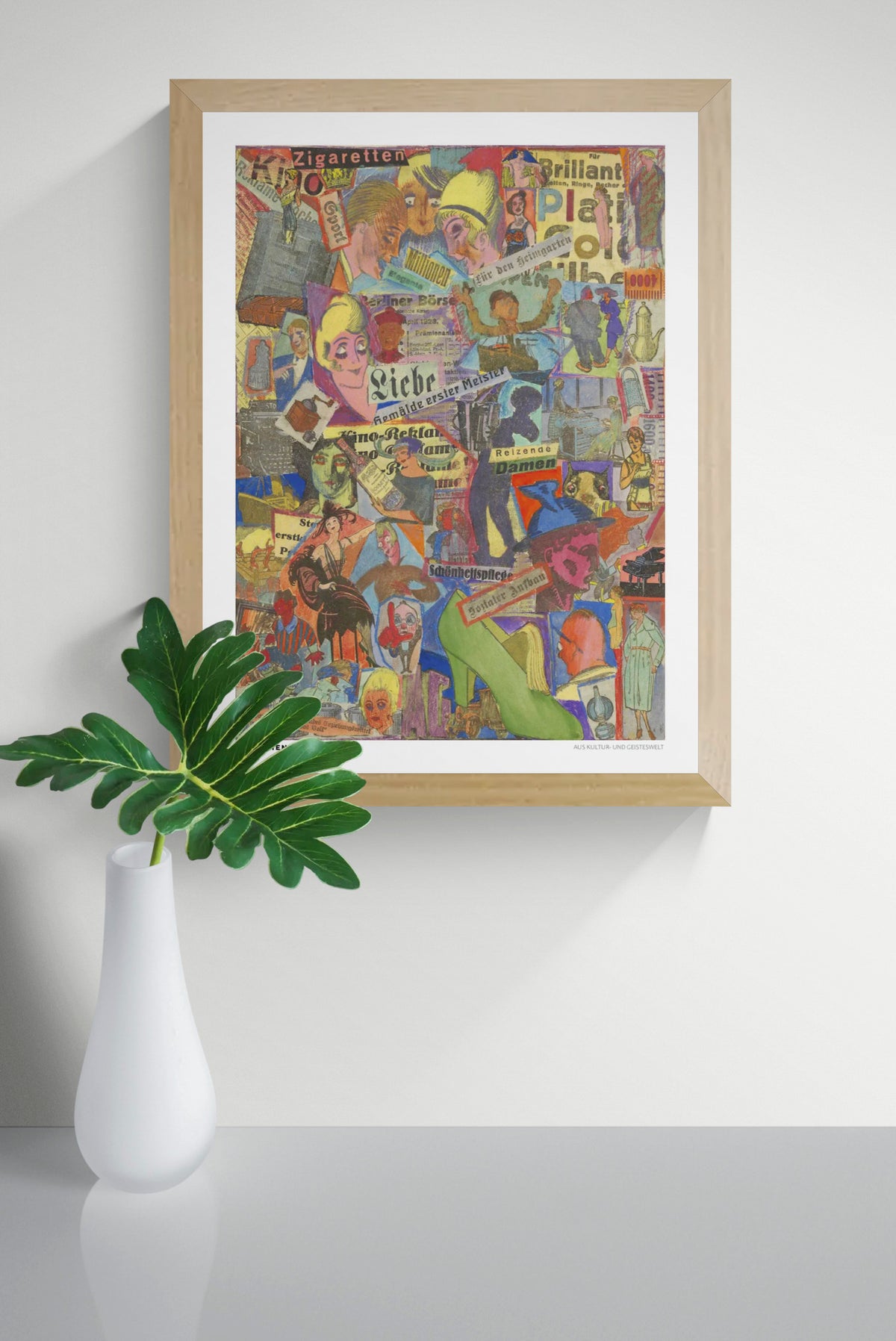 Aus Kultur- Und Geisteswelt by Karl Wiener, a colorful vertical vintage collage featuring 1920s advertisements, illustrated figures, bold typography, and layered paper textures. Digital art print for eclectic wall decor.