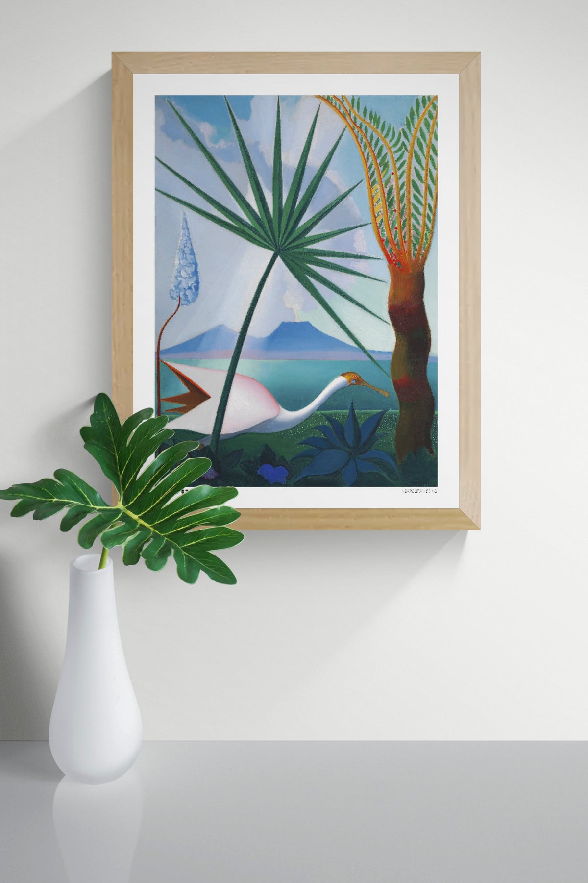 Joseph Stella's Neapolitan Song digital art print featuring a white bird, tropical green leaves, turquoise sea, blue mountains, and a distant volcano. Colorful vertical wall art for living rooms.