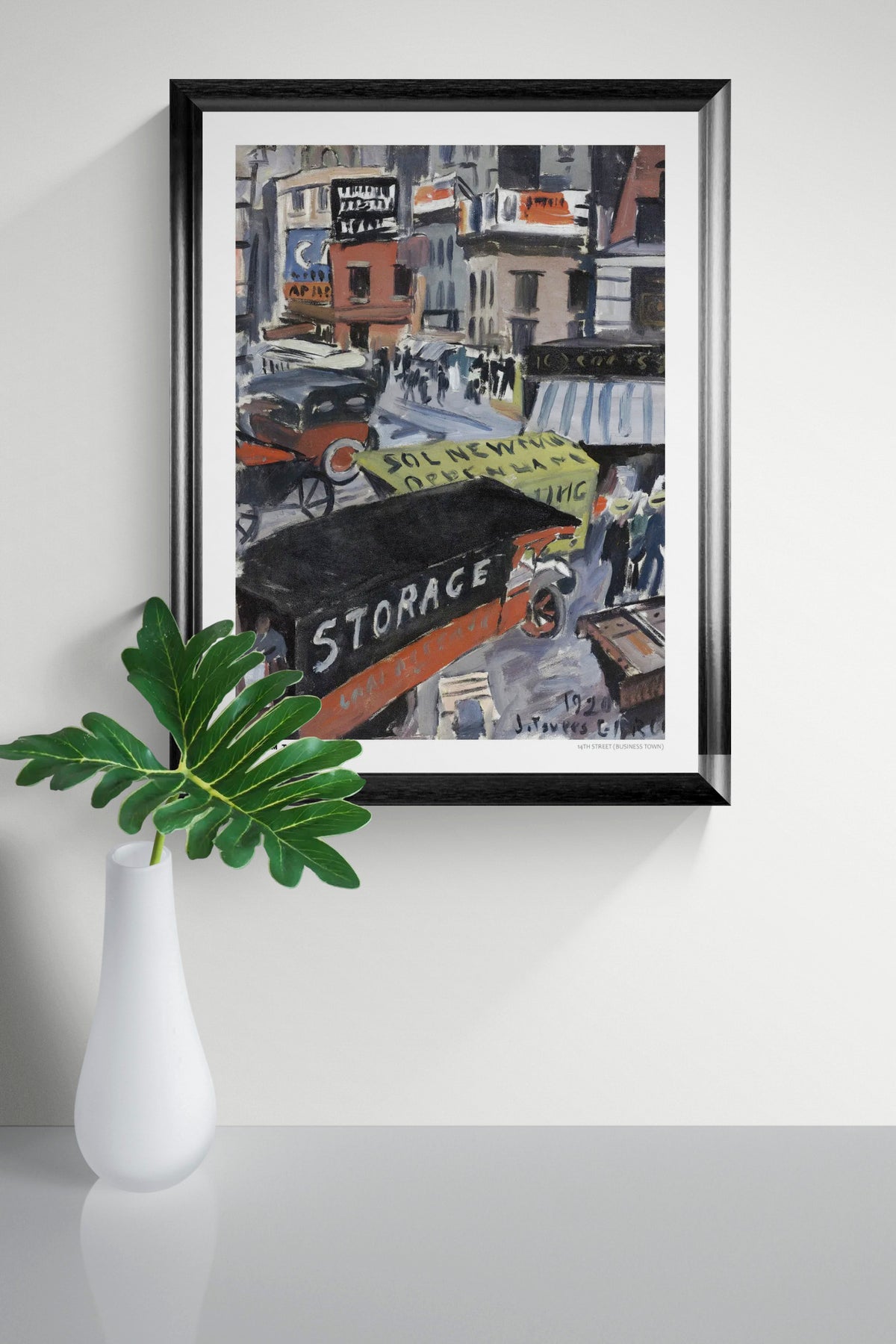 Joaquim Torres-Garcia's 14th Street (Business Town), a vertical modernist cityscape with vintage New York storefronts, cars, bold lettering, and earthy red, blue, and grey tones. Digital wall art print for eclectic interiors.