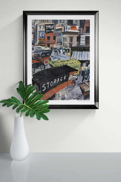 Joaquim Torres-Garcia's 14th Street (Business Town), a vertical modernist cityscape with vintage New York storefronts, cars, bold lettering, and earthy red, blue, and grey tones. Digital wall art print for eclectic interiors.