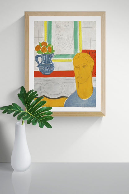 Portrait-oriented digital art print of Henri Matisse's Figure et Bouquet (Tête Ocre), featuring an ochre-colored figure, orange flowers in a blue vase, and green and yellow accents. Colorful modernist wall art.