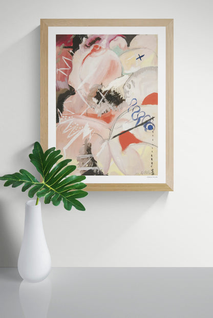 Female Figure by Gert Wollheim, vertical expressionist artwork with an abstract female form, soft pink and peach tones, red accents, black brushstrokes and blue marks. Digital art print for contemporary wall decor.