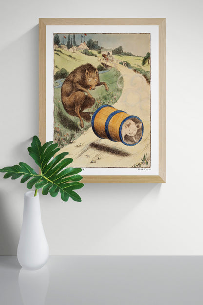 Vintage storybook illustration of The Three Little Pigs by Elisabeth Tyler Wolcott, featuring a brown wolf chasing a pig in an orange barrel, with a green countryside background. Portrait digital art print for nursery wall decor.