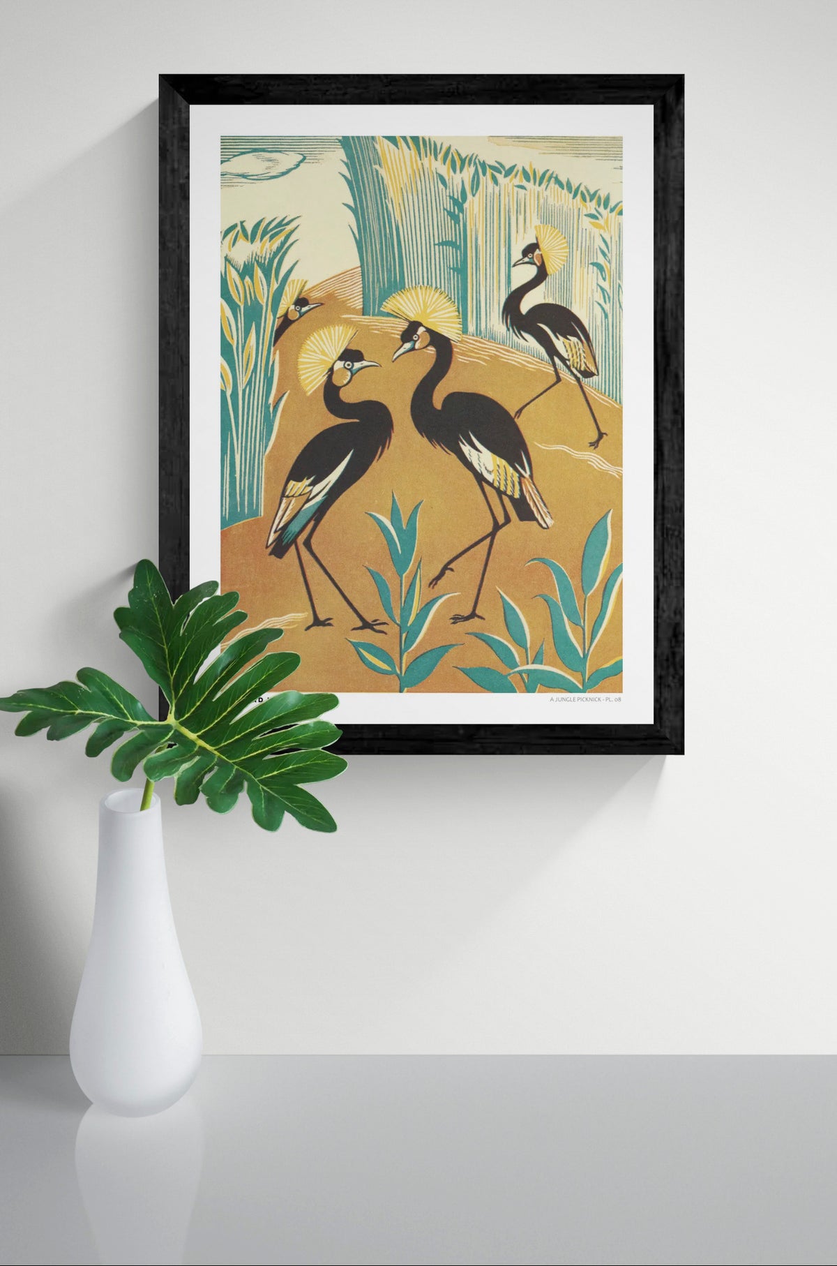 Vintage-style vertical illustration of four black crowned cranes with golden feather crests among teal reeds and warm orange earth. A Jungle Picknick by Clifford Webb, reproduced as a digital wall art print.