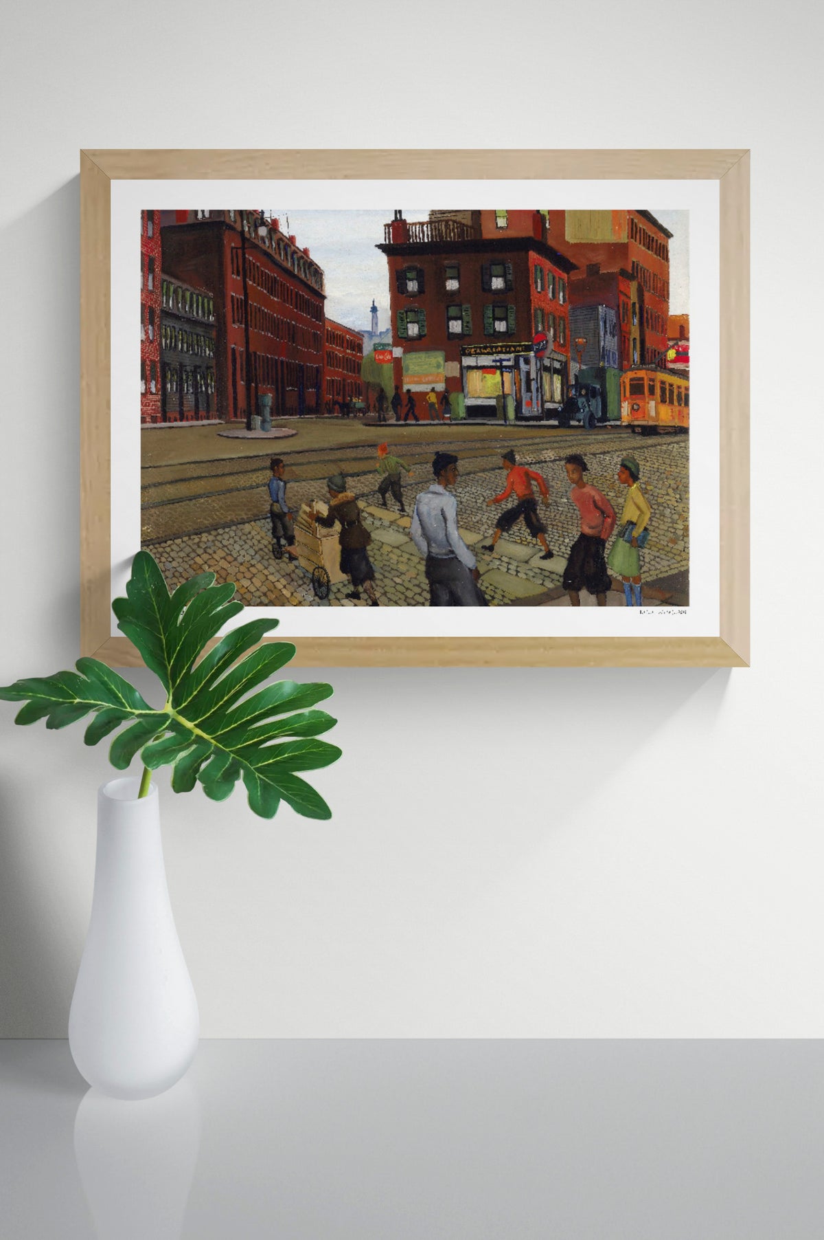 Douglas Square by Allan Rohan Crite, horizontal vintage urban painting of people on a cobblestone street with red brick buildings, an orange tram, and warm earthy colors. Digital wall art print for living rooms.