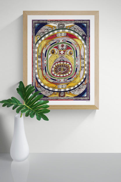Der Napf by Adolf Wölfli, vertical Art Brut illustration featuring intricate concentric patterns, faces, handwritten details, and vivid yellow, red, blue, and green tones. Digital wall art print for eclectic interiors.