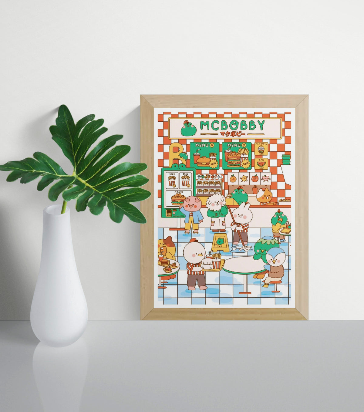 Mcbobby by Niniwanted, colorful A4 digital art print showing cute cartoon animals in a Japanese fast-food restaurant with burgers, fries, orange checkerboard walls and pastel blue flooring. Kawaii kitchen wall art.