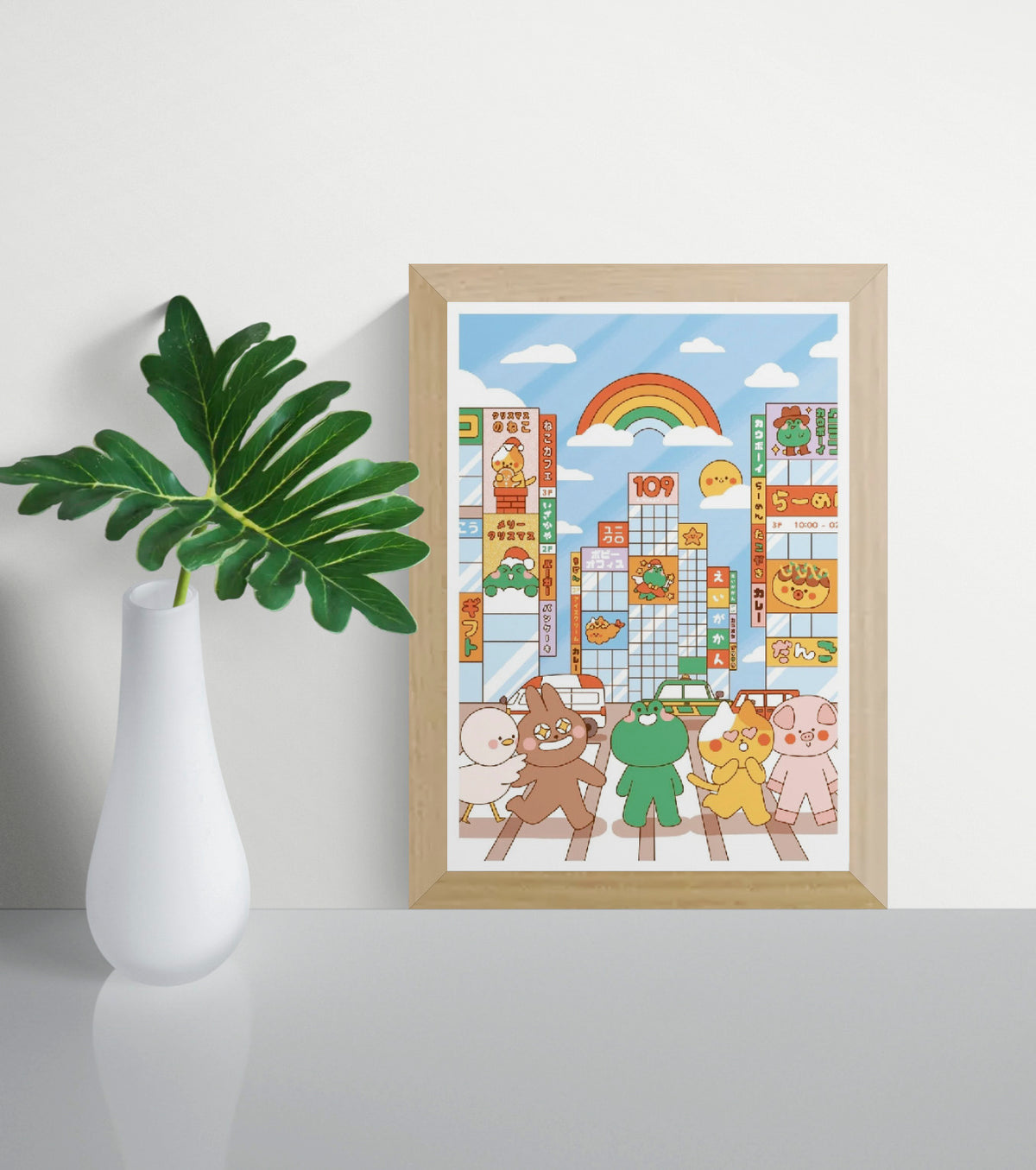 Colorful Shibuya Crossing illustration by Niniwanted featuring cute animal characters, Japanese shop signs, a rainbow and Tokyo streets. A playful, pastel-toned vertical digital art print for cheerful wall decor.