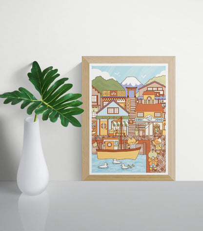 Fishermen Town by Niniwanted, a colorful A4 digital art print featuring a whimsical Japanese fishing village, cute animal characters, pastel houses, a yellow boat and ducks in a charming kawaii illustration style.