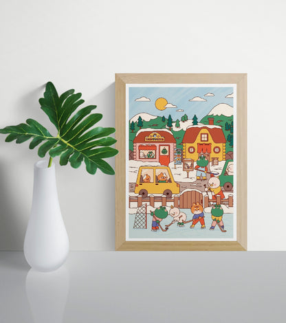 Mountain Village by Niniwanted, a colorful vertical digital art print of cute animal characters playing ice hockey in a snowy Japanese-inspired village, with cozy cabins, pine trees, and mountains.