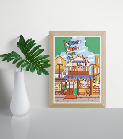 Colorful vertical digital art print of a Japanese souvenir shop by Niniwanted, featuring koi flags, lucky cats, lanterns, and playful characters. Kawaii wall art in warm orange, blue, and green.