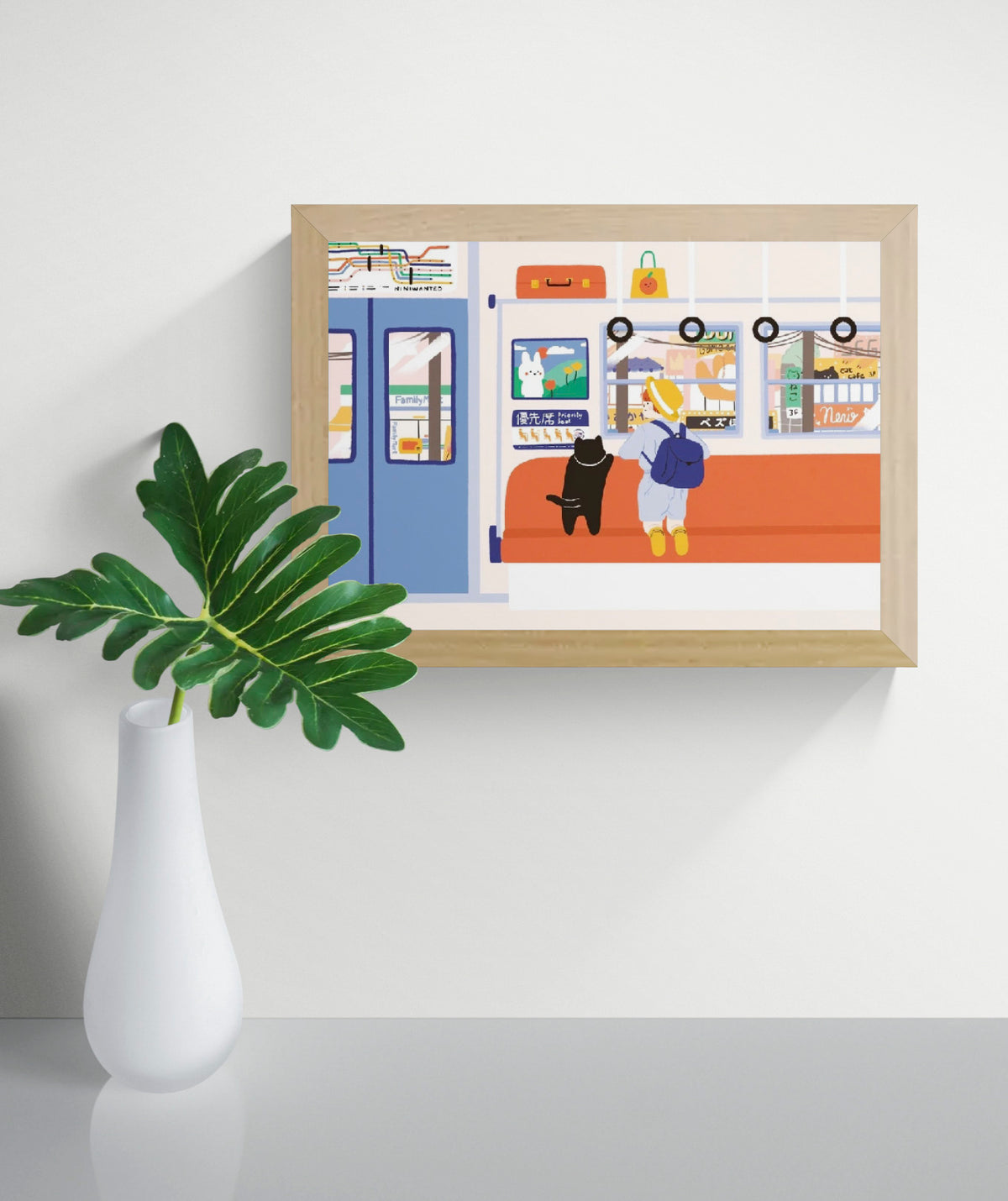 Travel by Train by Niniwanted, colorful A4 digital art print showing a black cat and a child on a Japanese train, with orange seats, blue doors and playful kawaii details. Vertical wall art illustration.