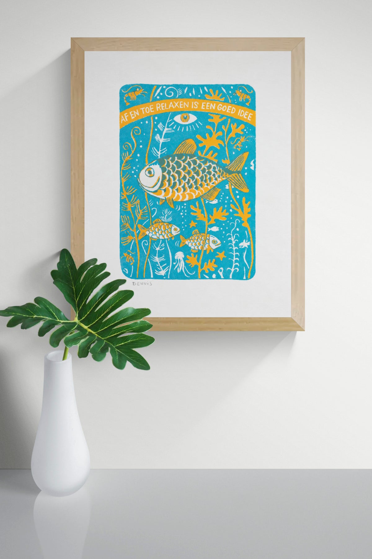 Two-colour screen print by Dennis Dellaert featuring playful orange and turquoise fish swimming among underwater plants, in a retro folk-art style. Vertical 30 × 40 cm wall art for cheerful home decor.