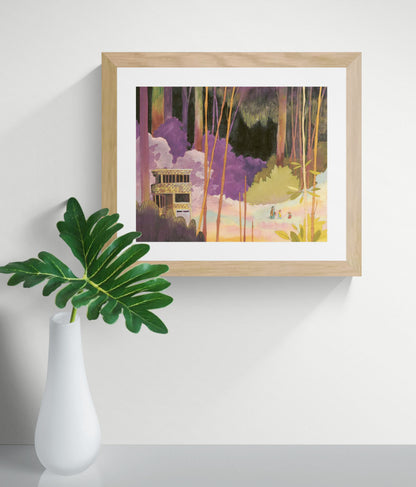 Het Begin by Rosalien Helsen featuring a forest landscape with a small building and walking figures, created from acrylic painting and digital collage in soft purple, green, and golden tones. Vertical fine art print for modern home decor.