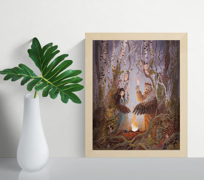 Detailed fantasy giclée art print featuring two winged women performing a ritual beside a glowing fire in a mystical birch forest, surrounded by owls, woodland animals, and folklore-inspired details in soft earthy colors. Vertical wall art for cozy home decor.