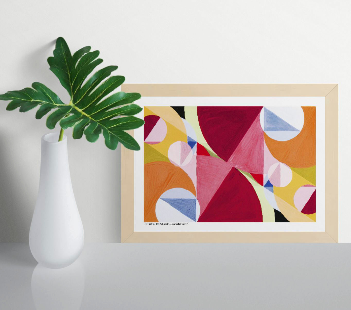 Horizontal abstract digital art print by Joseph Schillinger with overlapping geometric shapes in red, pink, orange, yellow, blue and green, ideal as colourful wall art for modern living rooms or offices.
