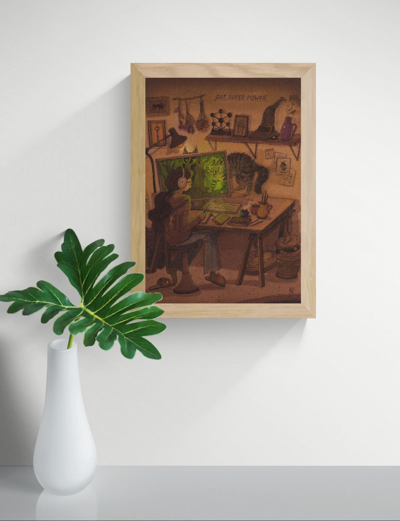Whimsical Cyber Cats art print by Lena Yampolski featuring a creative workspace, magical cats, computer screen, warm earthy tones, fantasy illustration style, vertical giclée wall art for home office decor.
