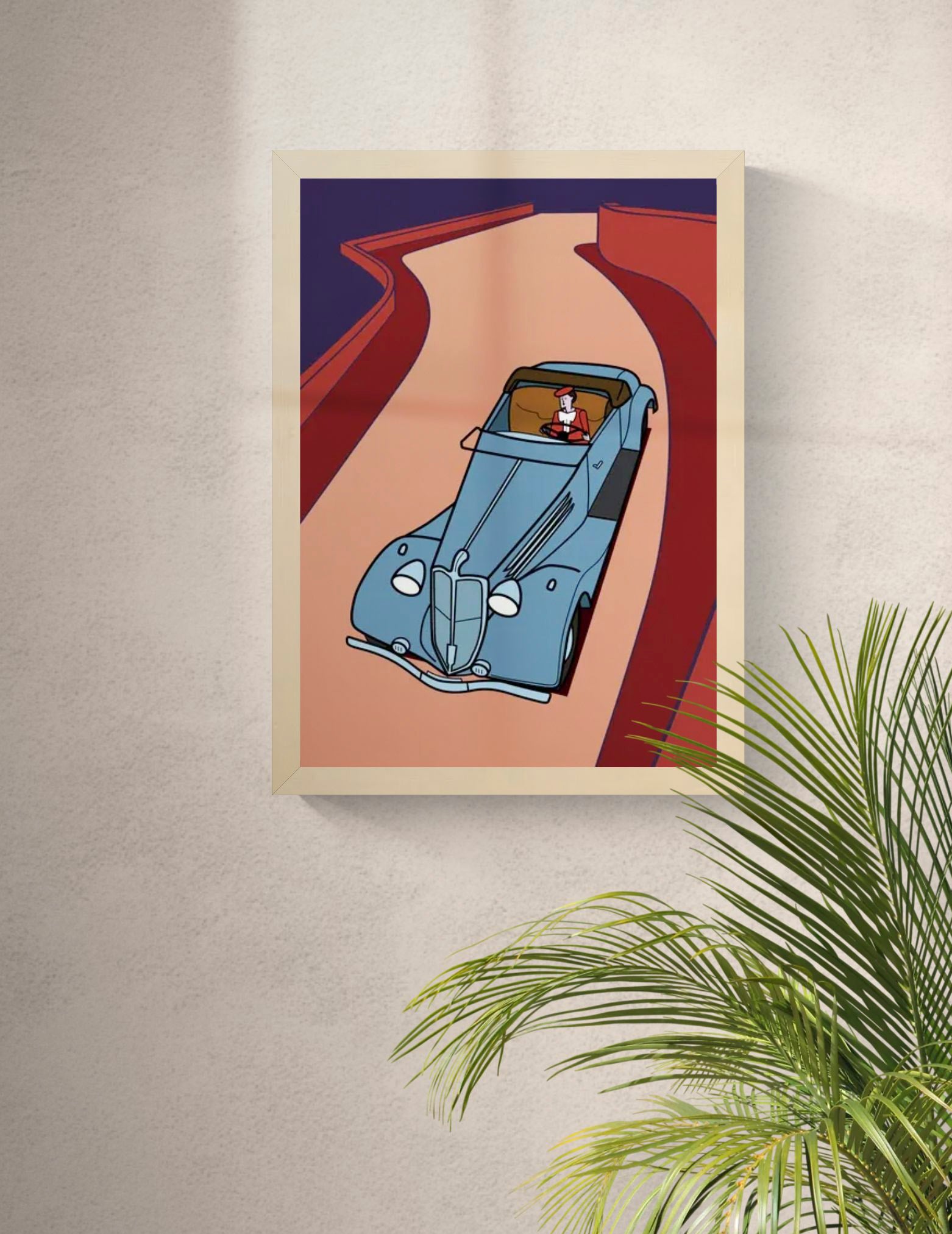 Retro vintage car driving on a winding road illustration, graphic mid-century style wall art print for modern home office or hallway decor