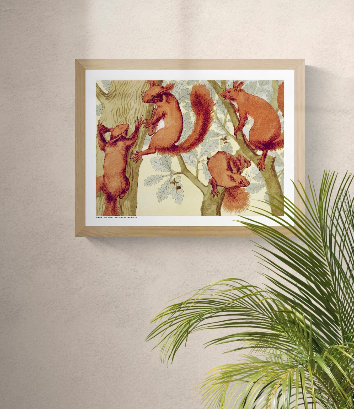 Horizontal Art Nouveau illustration of four red squirrels climbing oak trees, rendered in warm orange, cream and muted green tones. A decorative digital art print for living rooms, studies and nature-inspired walls.