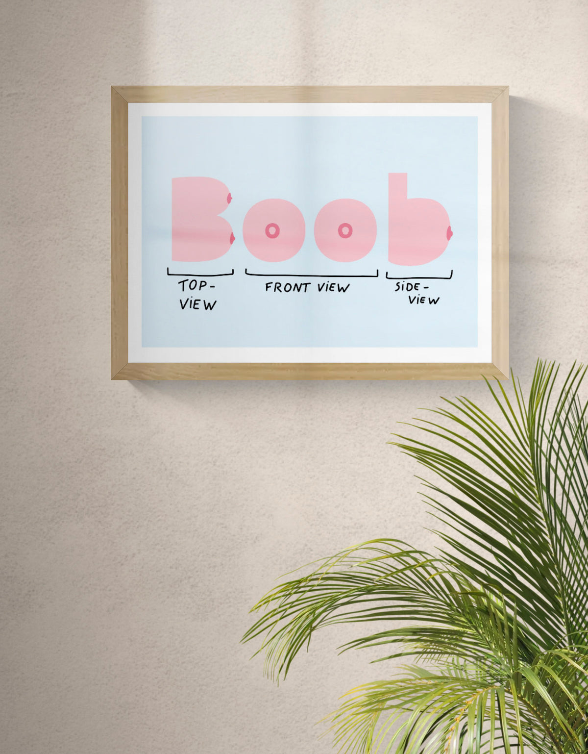 Boob View by Studio Stoutpoep, horizontal digital art print showing humorous pink breast diagrams from top, front and side views on a pale blue background, playful wall art for modern interiors.