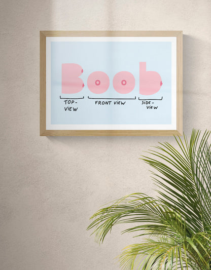 Boob View by Studio Stoutpoep, horizontal digital art print showing humorous pink breast diagrams from top, front and side views on a pale blue background, playful wall art for modern interiors.