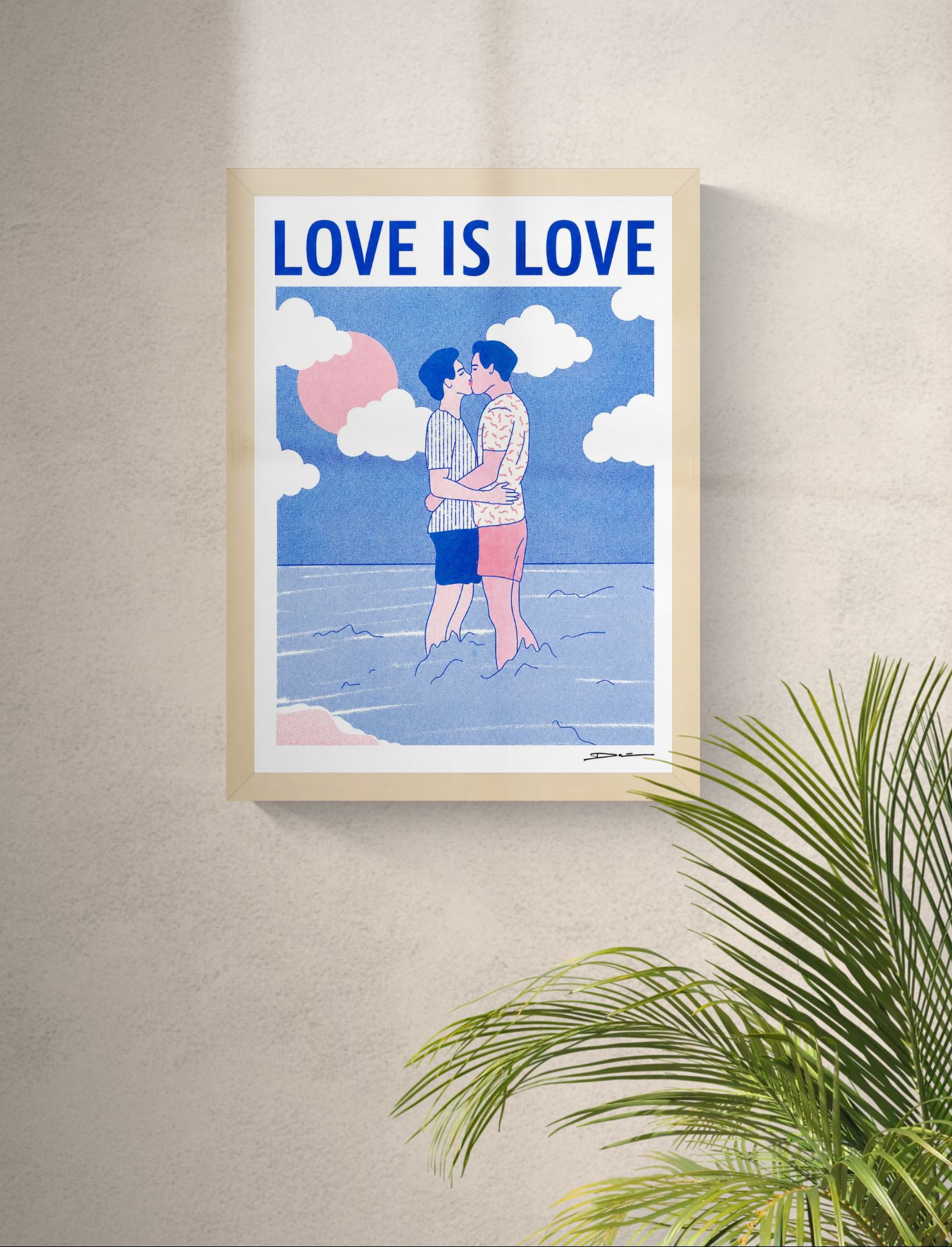 Romantic risograph print of two men kissing in the ocean under a pink sun with the text “Love is Love” – LGBTQ+ art by Studio Stoutpoep, A3 size