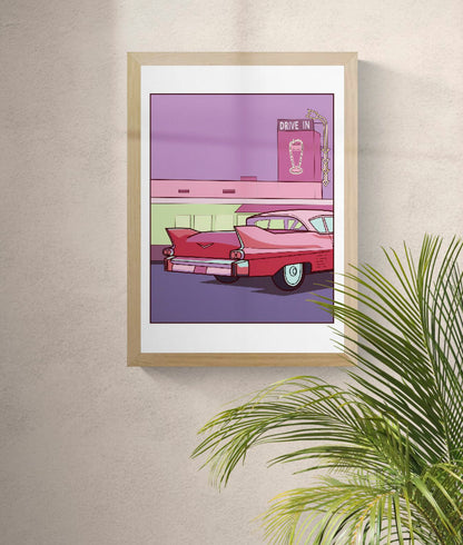 Retro Americana A3 art print by Floor 4 Productions featuring a pink vintage car in front of a neon drive-in diner with purple and pink tones.