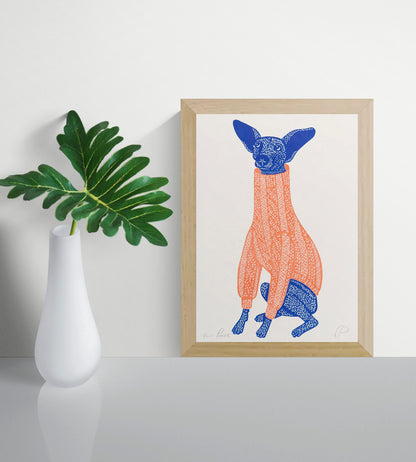 Playful portrait risograph of a small blue dog with oversized ears wearing a coral knitted jumper, printed vertically in bold blue and orange tones, ideal as quirky animal wall art.