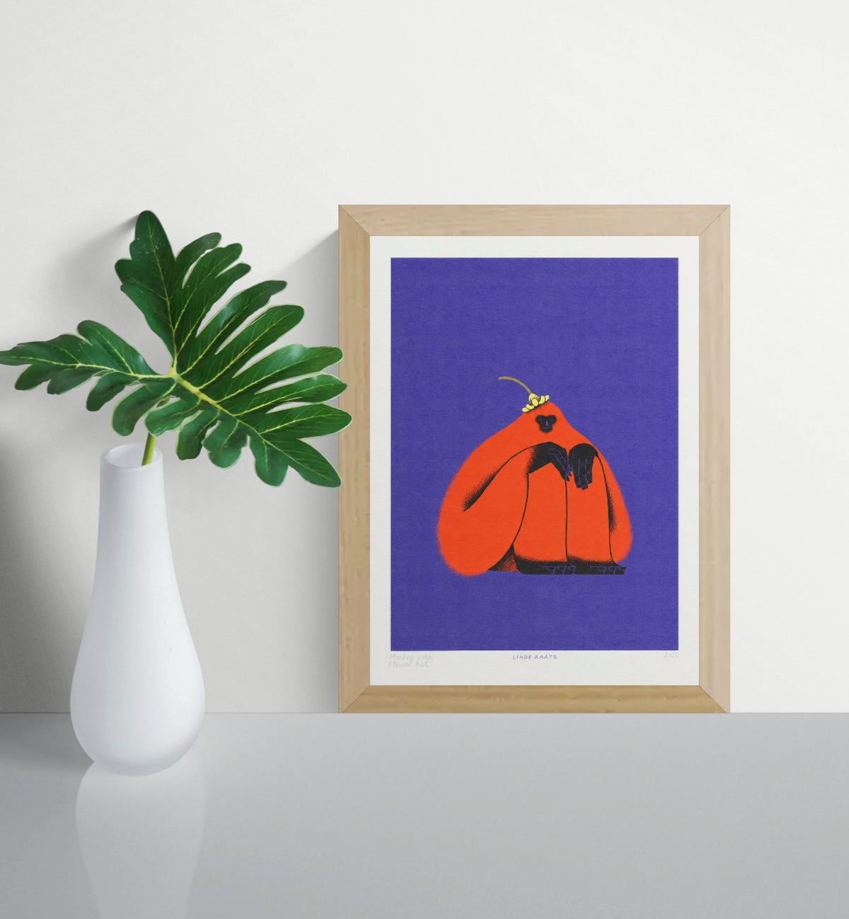 A4 vertical giclée art print by Linde Raats featuring a bright orange monkey with black hands and a small yellow flower hat against a deep purple background. Playful contemporary animal illustration for colourful wall decor.