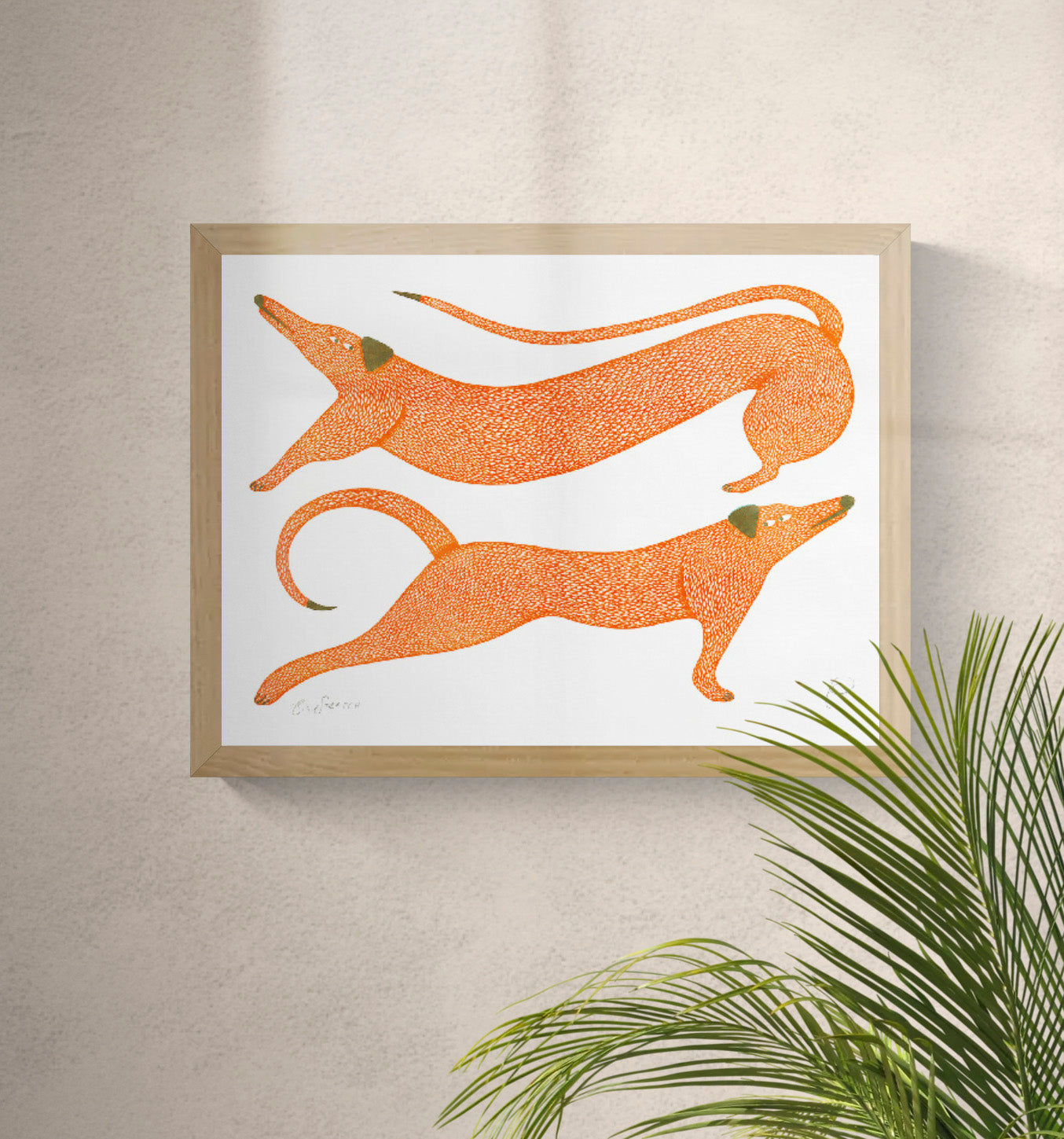 Big Stretch by Strangford, horizontal risograph art print showing two elongated orange dogs with olive details on white, playful contemporary wall art for colourful interiors.