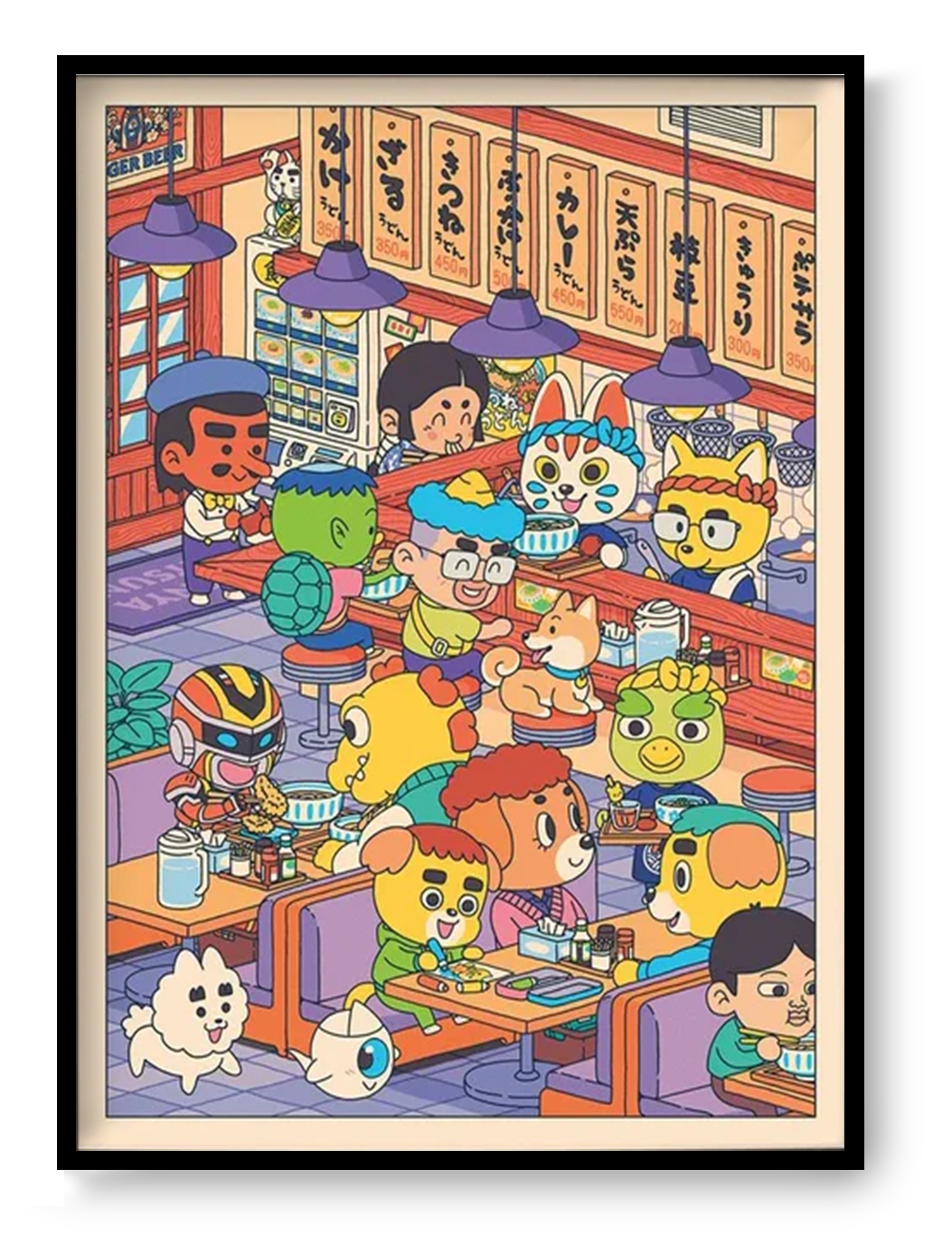 Colorful Japanese udon restaurant illustration with cute animal and human characters eating noodles inside a lively ramen shop, detailed kawaii style wall art print 50 x 70 cm