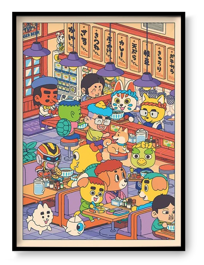 Colorful Japanese udon restaurant illustration with cute animal and human characters eating noodles inside a lively ramen shop, detailed kawaii style wall art print 50 x 70 cm