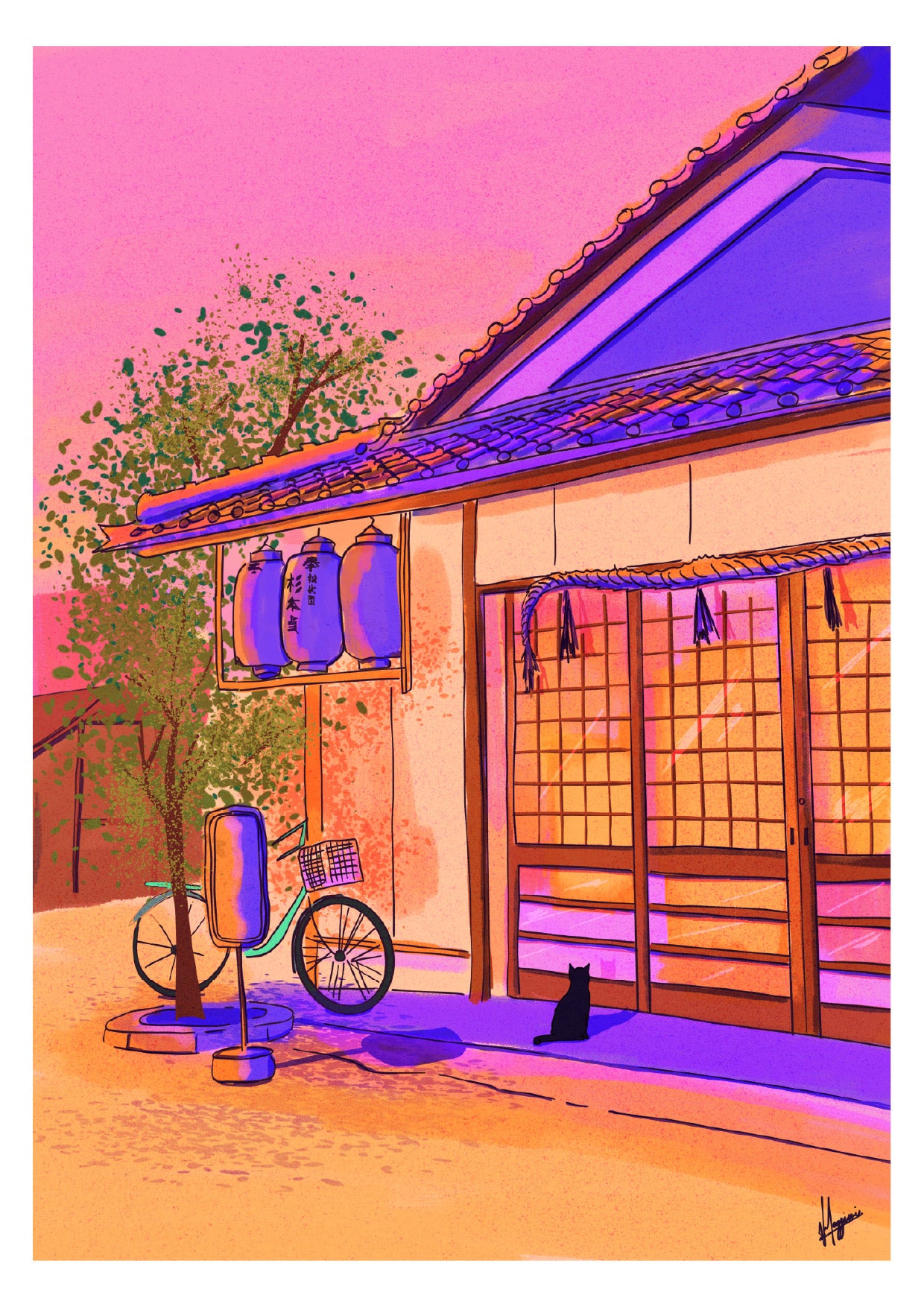 Colourful vertical giclée print by Valeria Maggiani showing a woman outside a traditional home in Uji, Japan, in vivid pink, purple, blue and green tones.