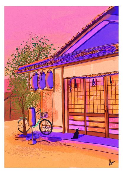 Colourful vertical giclée print by Valeria Maggiani showing a woman outside a traditional home in Uji, Japan, in vivid pink, purple, blue and green tones.