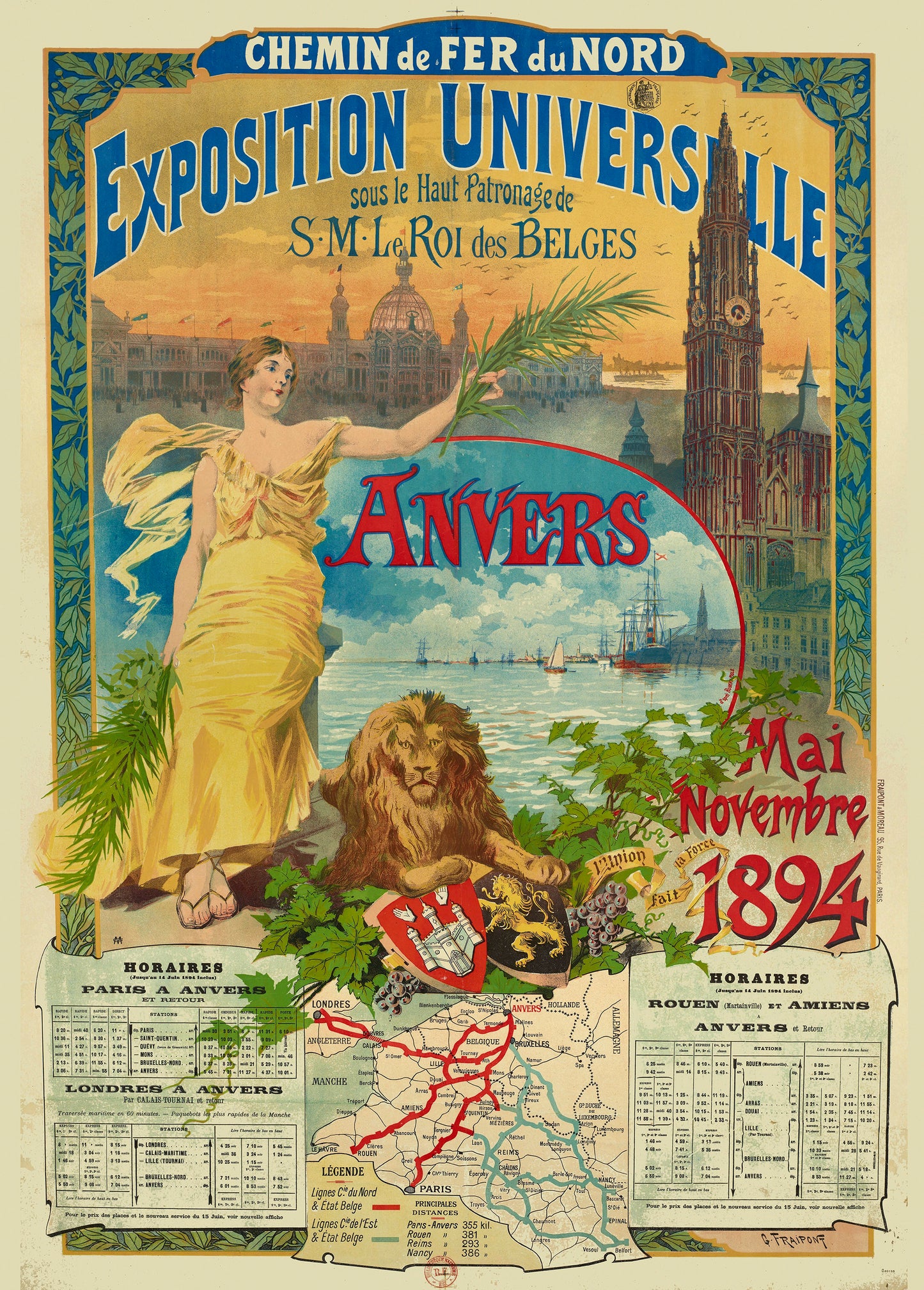 Vertical vintage Antwerp Universal Exhibition 1894 poster featuring an allegorical woman, harbour skyline, globe and ornate typography in red, gold and cream, digitally printed as historical wall art.