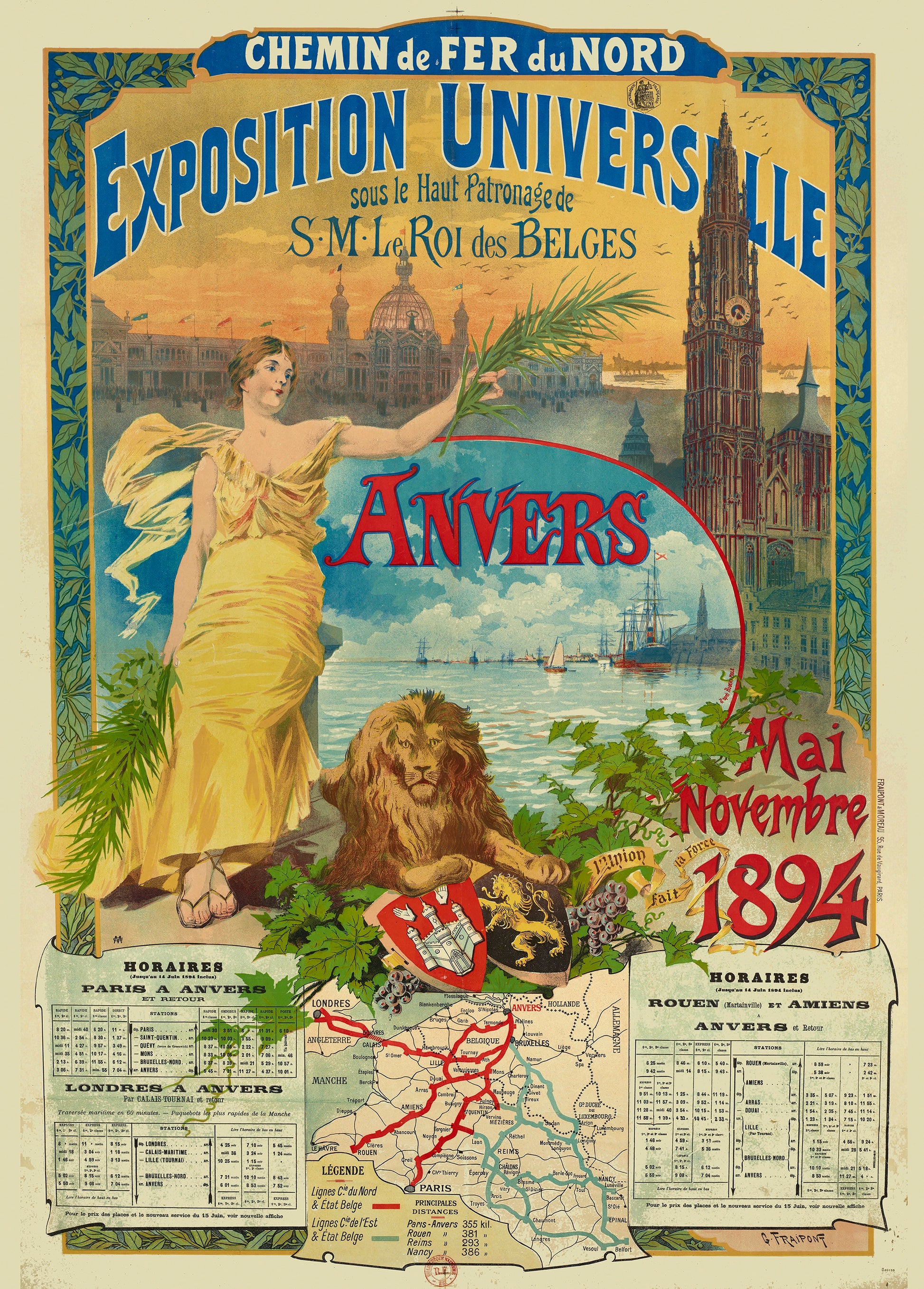 Vertical vintage Antwerp Universal Exhibition 1894 poster featuring an allegorical woman, harbour skyline, globe and ornate typography in red, gold and cream, digitally printed as historical wall art.