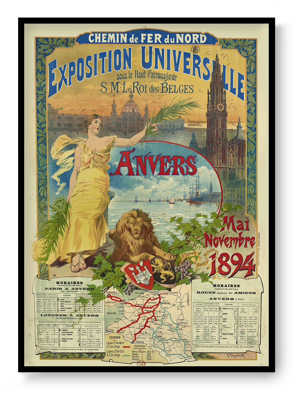 Vertical vintage Antwerp Universal Exhibition 1894 poster featuring an allegorical woman, harbour skyline, globe and ornate typography in red, gold and cream, digitally printed as historical wall art.