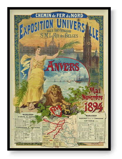 Vertical vintage Antwerp Universal Exhibition 1894 poster featuring an allegorical woman, harbour skyline, globe and ornate typography in red, gold and cream, digitally printed as historical wall art.