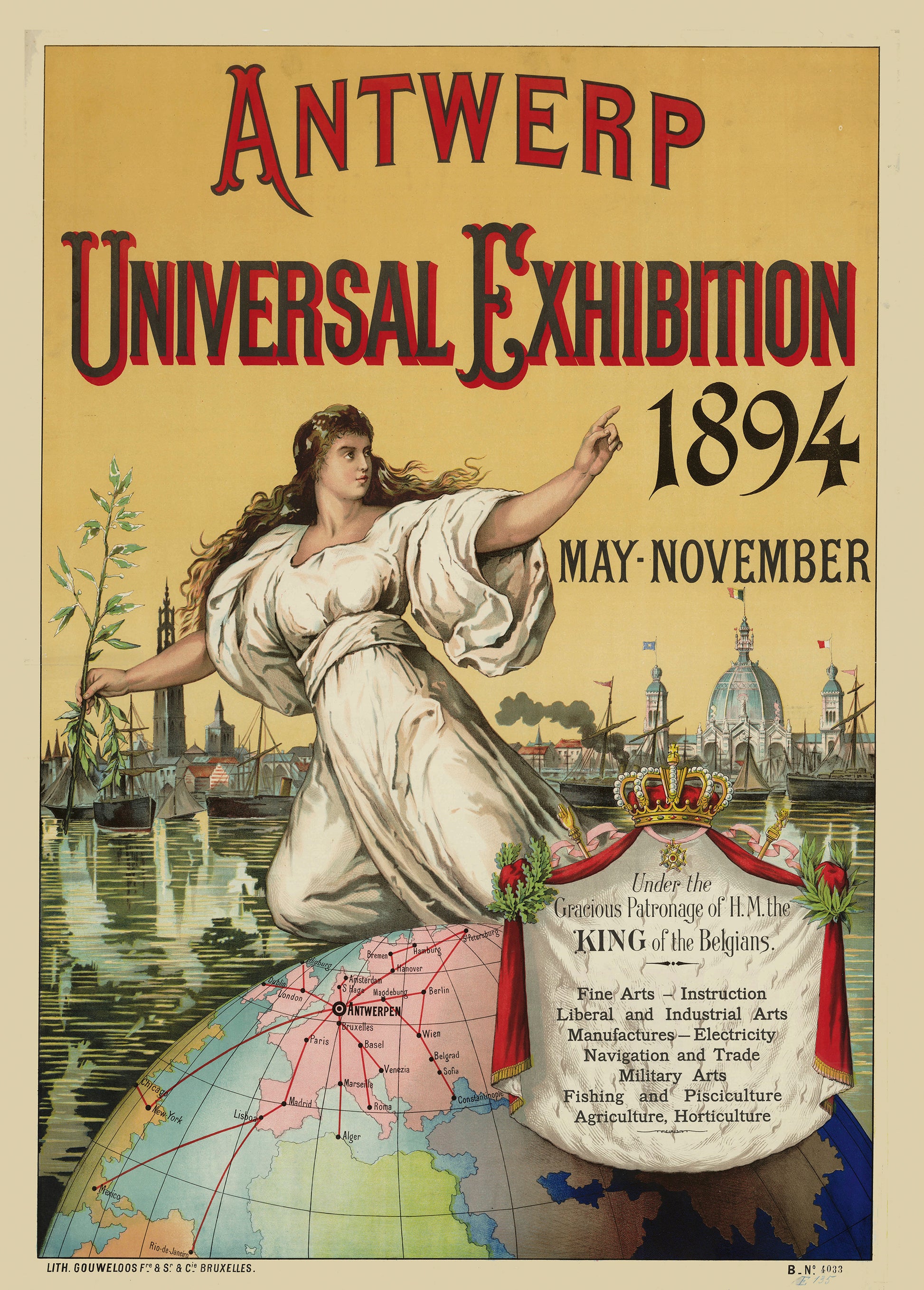 Vertical vintage Antwerp Universal Exhibition 1894 poster featuring an allegorical woman, harbour skyline, globe and ornate typography in red, gold and cream, digitally printed as historical wall art.