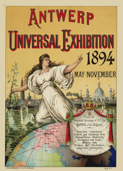 Vertical vintage Antwerp Universal Exhibition 1894 poster featuring an allegorical woman, harbour skyline, globe and ornate typography in red, gold and cream, digitally printed as historical wall art.