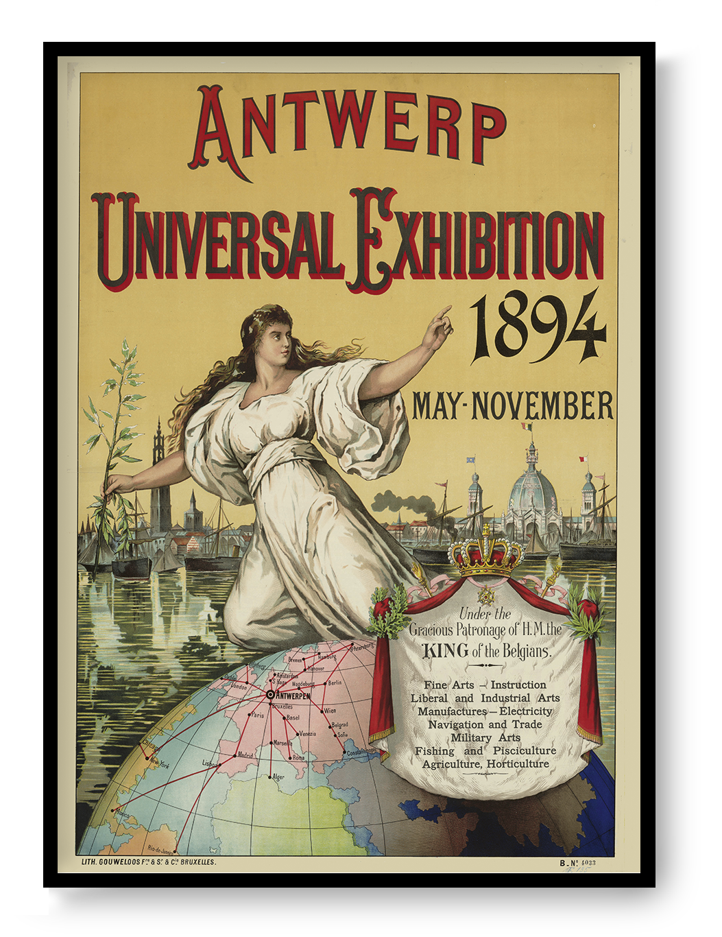 Vertical vintage Antwerp Universal Exhibition 1894 poster featuring an allegorical woman, harbour skyline, globe and ornate typography in red, gold and cream, digitally printed as historical wall art.