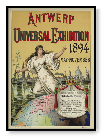 Vertical vintage Antwerp Universal Exhibition 1894 poster featuring an allegorical woman, harbour skyline, globe and ornate typography in red, gold and cream, digitally printed as historical wall art.