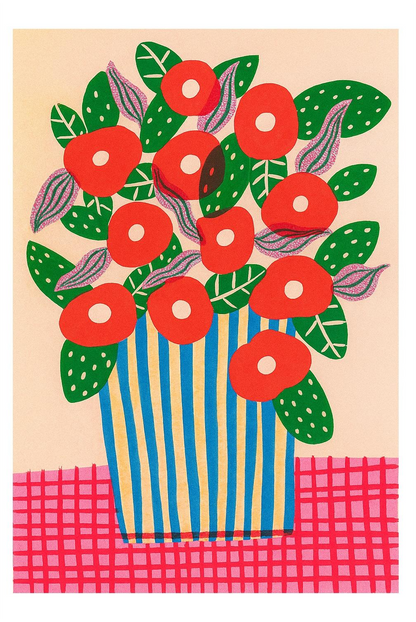Colorful art print of red poppies in a striped vase by Teresa Rego – bold floral illustration with green leaves, purple accents and a pink checkered tablecloth, perfect for brightening up modern interiors