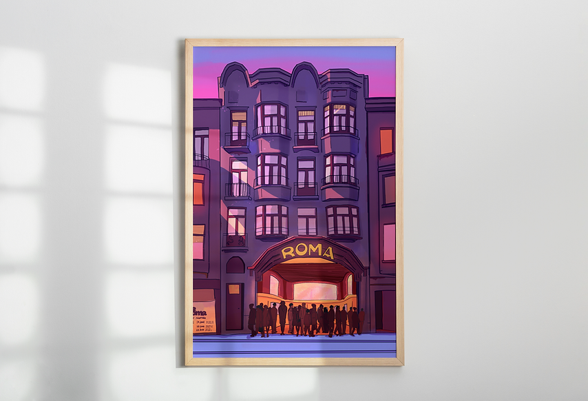 Digital art print of De Roma concert hall in Antwerp by Valeria Maggiani, purple and pink evening scene with silhouetted people, A4 format, printed in Belgium, perfect gift for Antwerp and music lovers.