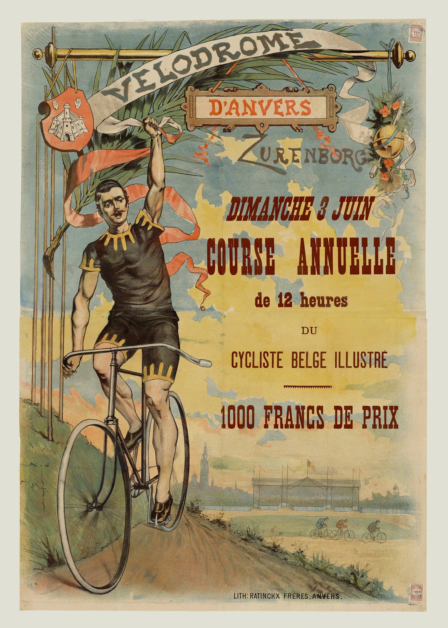 Vintage Velodrome d’Anvers digital art print showing a Belgian cyclist with his bicycle in muted blue, yellow and red tones, in portrait format for cycling-themed wall decor.