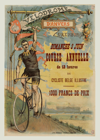 Vintage Velodrome d’Anvers digital art print showing a Belgian cyclist with his bicycle in muted blue, yellow and red tones, in portrait format for cycling-themed wall decor.