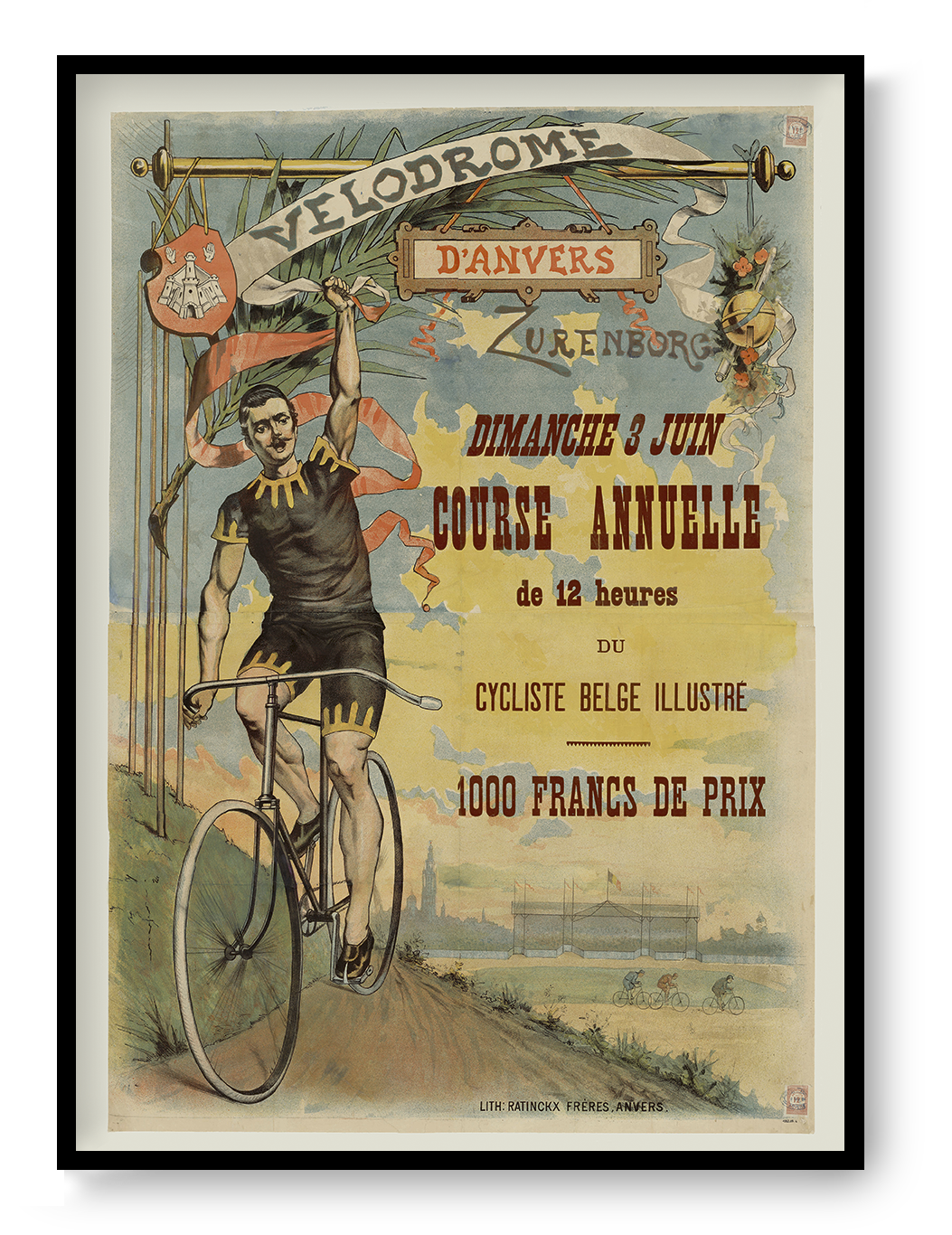 Vintage Velodrome d’Anvers digital art print showing a Belgian cyclist with his bicycle in muted blue, yellow and red tones, in portrait format for cycling-themed wall decor.