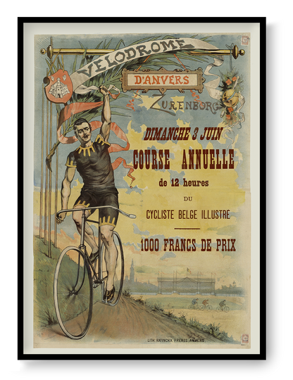 Vintage Velodrome d’Anvers digital art print showing a Belgian cyclist with his bicycle in muted blue, yellow and red tones, in portrait format for cycling-themed wall decor.