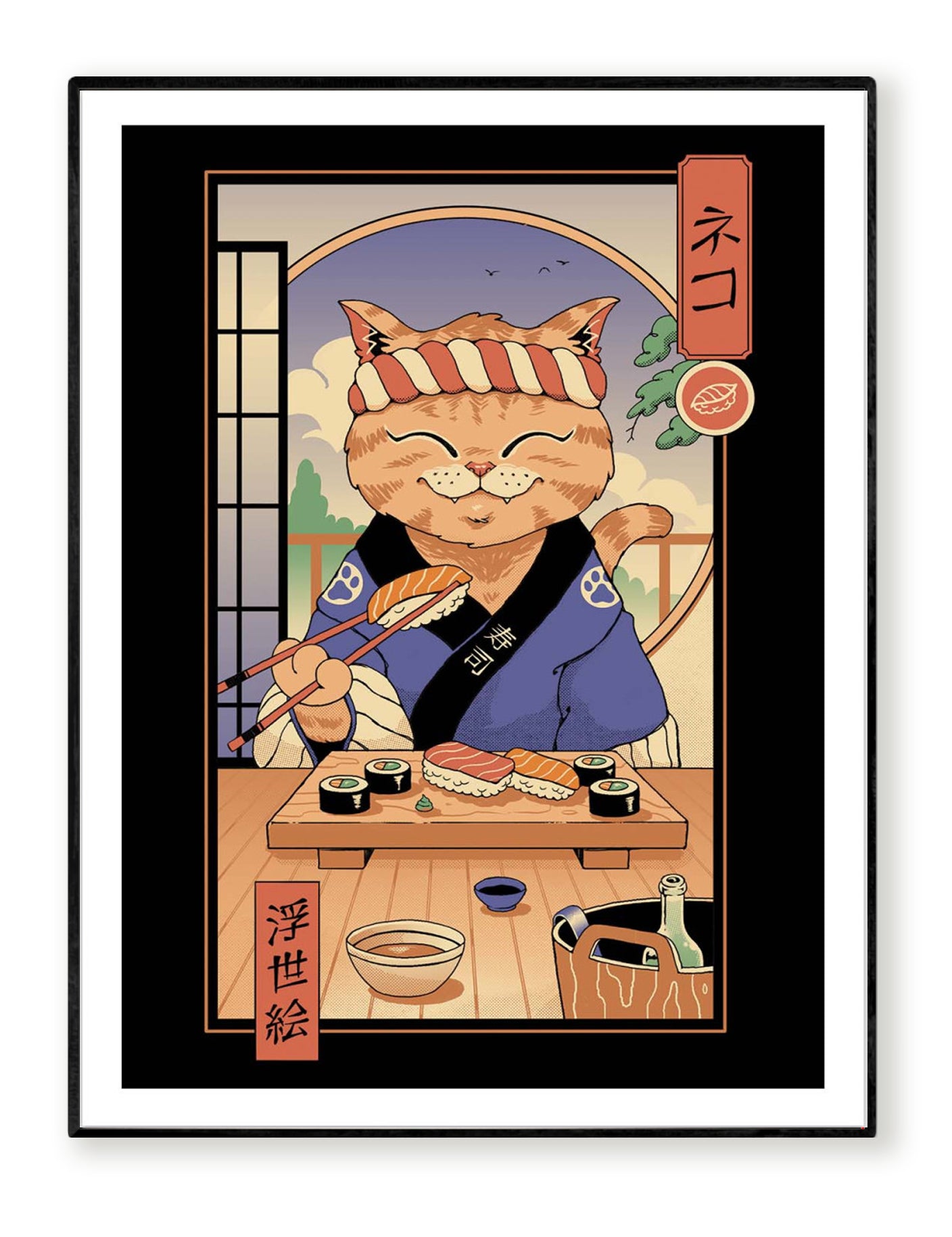 Sushi Cat in Edo by Vincent Trinidad – 30x40 cm Japanese pop art print of a smiling cat sushi chef in traditional Edo attire, preparing nigiri and sushi rolls with chopsticks, playful wall decor for Japanese culture and food lovers.