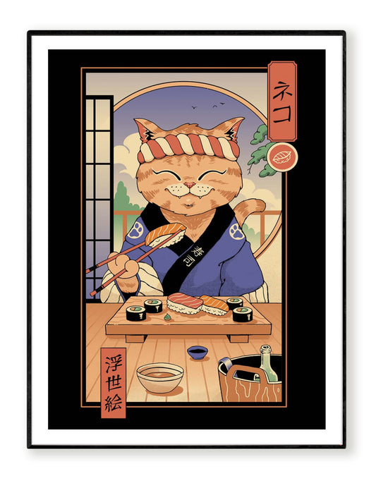 Sushi Cat in Edo by Vincent Trinidad – 30x40 cm Japanese pop art print of a smiling cat sushi chef in traditional Edo attire, preparing nigiri and sushi rolls with chopsticks, playful wall decor for Japanese culture and food lovers.